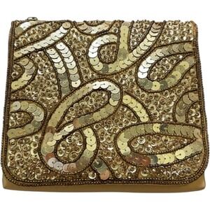 Gold Sequin Beaded Evening Bag Box Clutch Crossbody Satin Swirl Pattern